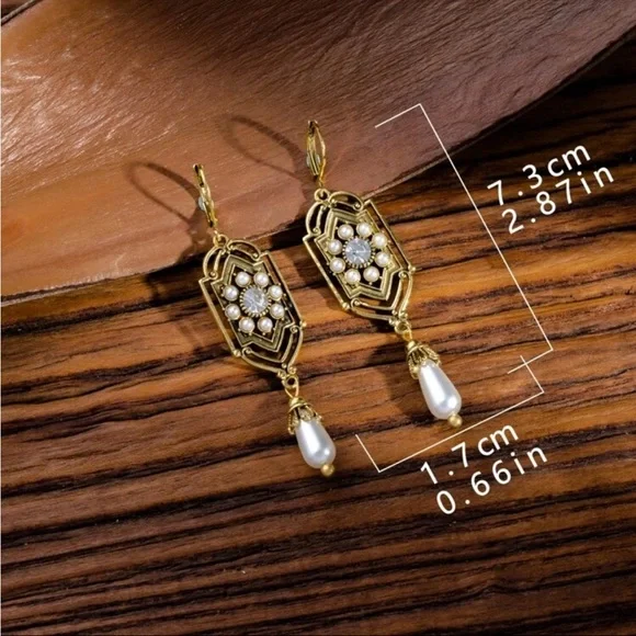 NEW Vintage Inspired Waterdrop Filigree Earrings with Faux Pearls - Picture 7 of 7